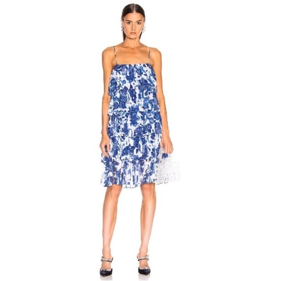 NWT Caroline Constas Floral Ruffle Tiered Tea Length Dress - Picture 1 of 8